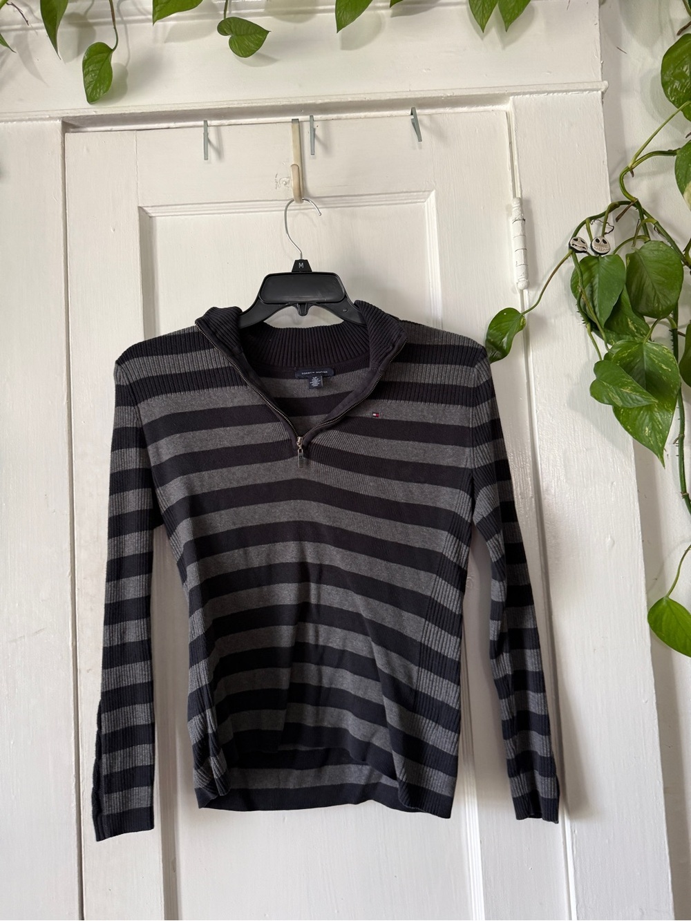 Tommy Hilfiger Black & Charcoal Striped Half-Zip Pullover size S